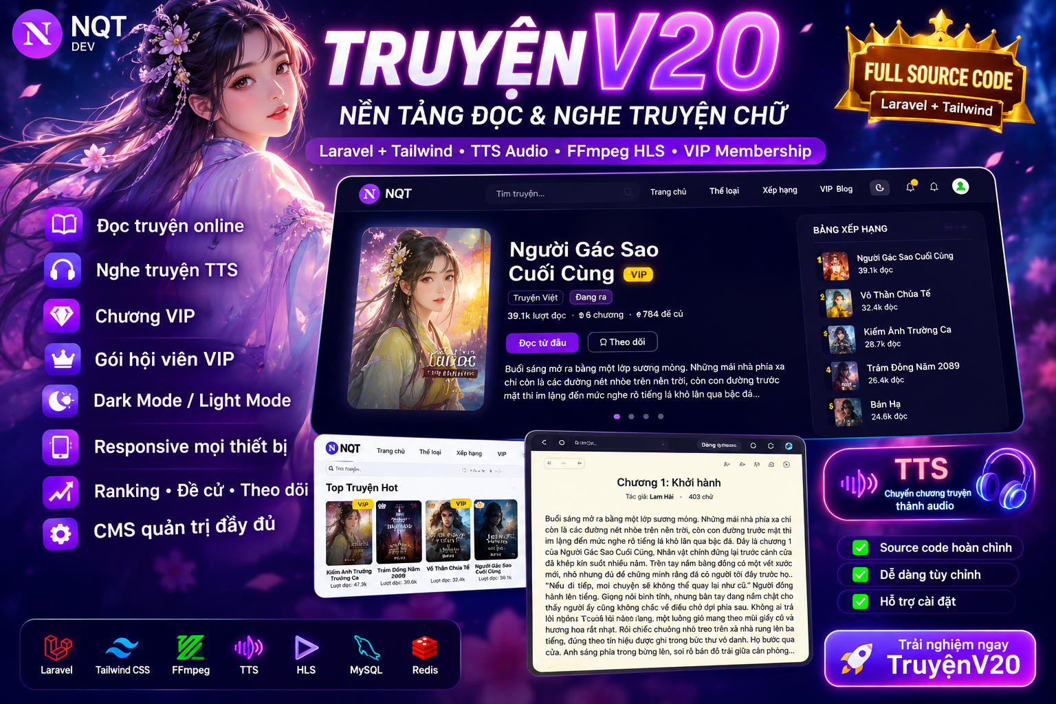 Source Code Web Truyện Chữ V20 - Laravel, TTS, FFmpeg, VIP & Dark Mode